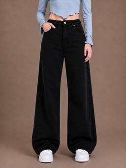 VBEAUTI - Black Wideleg Streachable High Rise Jeans
