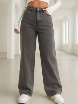 VBEAUTI - Grey Wideleg Streachable High Rise Jeans