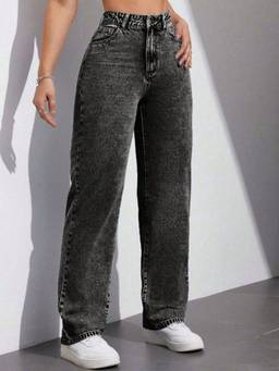 VBEAUTI - Black Wideleg Streachable High Rise Jeans
