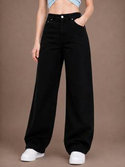 VBEAUTI - Black Wideleg Streachable High Rise Jeans