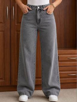 VBEAUTI - Grey Wideleg Streachable High Rise Jeans