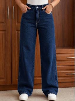 VBEAUTI - Navy Blue Wideleg Streachable High Rise Jeans
