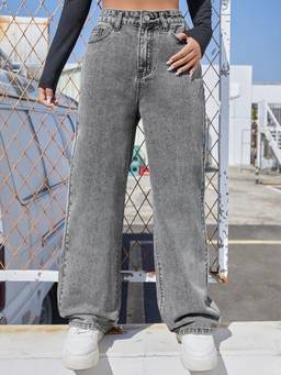 VBEAUTI - Grey Wideleg Streachable High Rise Jeans