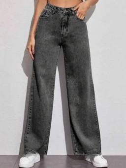 VBEAUTI - Grey Wideleg Streachable High Rise Jeans