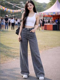 VBEAUTI - Grey Wideleg Streachable High Rise Jeans