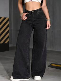 VBEAUTI - Black Wideleg Streachable High Rise Jeans