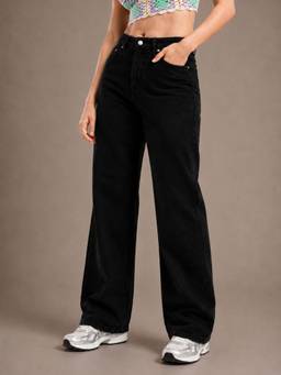 VBEAUTI - Black Wideleg Streachable High Rise Jeans