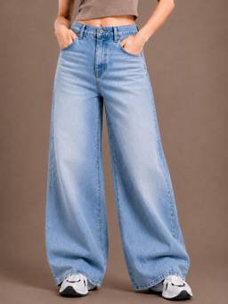 VBEAUTI - Blue Tint Ice Wideleg Streachable High Rise Jeans