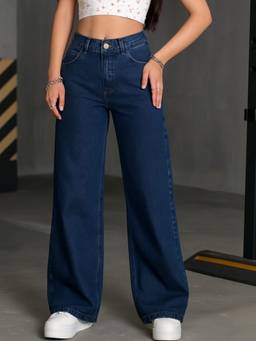 VBEAUTI - Navy Blue Wideleg Streachable High Rise Jeans