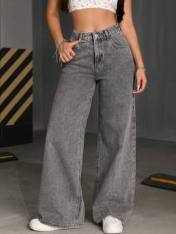 VBEAUTI - Grey Wideleg Streachable High Rise Jeans