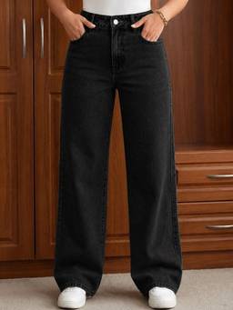 VBEAUTI - Black Wideleg Streachable High Rise Jeans