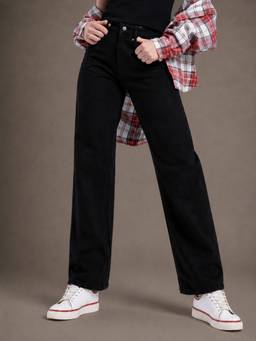 VBEAUTI - Black Wideleg Streachable High Rise Jeans