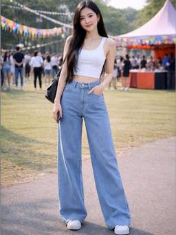 VBEAUTI - Ice Blue Wideleg Streachable High Rise Jeans