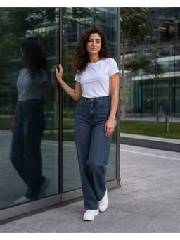 VBEAUTI - Navy Blue Wideleg Streachable High Rise Jeans
