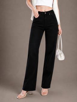 VBEAUTI - Black Wideleg Streachable High Rise Jeans