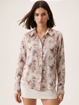 Outzidr - Beige Regular Fit Sequins Printed Party Shirt