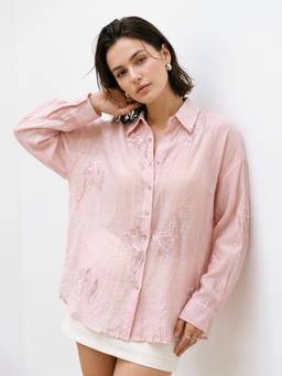 Outzidr - Pink Floral Sequined Button Down Shirt