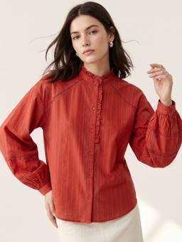 Outzidr - Rust Printed Oversized With Ruffle Detail Shirt