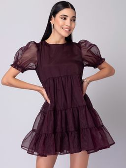 FabAlley - Purple Organza Puff Sleeve Tiered Dress