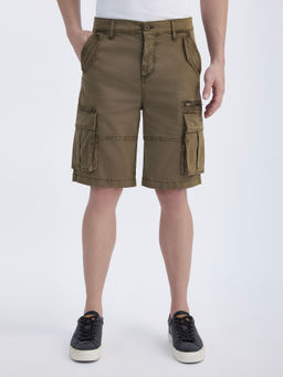 Pepe Jeans - Men Khaki Mid Rise Stretch Overdyed Cargo Shorts