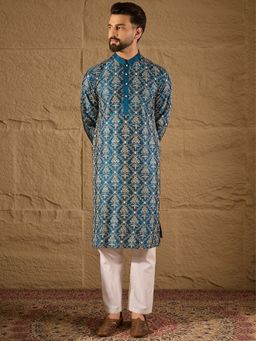 ETHNIC BAY - Men Silk Floral Printed Straight Blue Kurta
