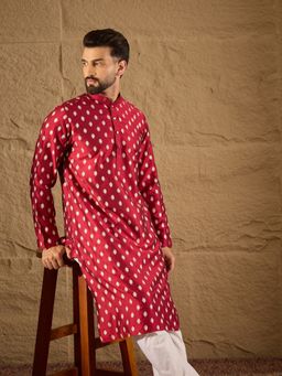 ETHNIC BAY - Men Silk Ikat Printed Straight Maroon Kurta