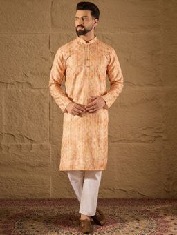 ETHNIC BAY - Men Silk Blend Ethnic Motifs Embroidered Straight Orange Kurta