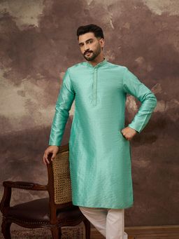 ETHNIC BAY - Men Silk Blend Textured Embroidered Design Straight Turquoise Kurta