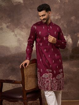 ETHNIC BAY - Men Silk Blend Solid Embroidered Straight Maroon Kurta