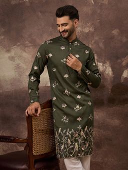 ETHNIC BAY - Men Silk Blend Solid Embroidered Straight Green Kurta