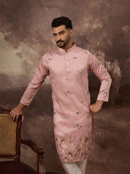ETHNIC BAY - Men Silk Blend Solid Embroidered Straight Peach Kurta