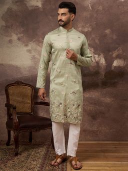 ETHNIC BAY - Men Silk Blend Solid Embroidered Straight Green Kurta