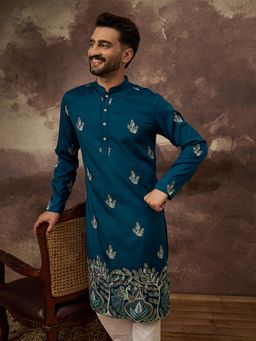ETHNIC BAY - Men Silk Blend Solid Embroidered Straight Blue Kurta