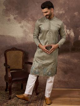 ETHNIC BAY - Men Silk Blend Solid Embroidered Straight Green Kurta