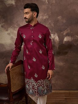 ETHNIC BAY - Men Silk Blend Solid Embroidered Straight Maroon Kurta