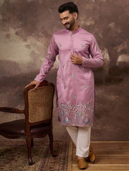 ETHNIC BAY - Men Silk Blend Solid Embroidered Straight Pink Kurta