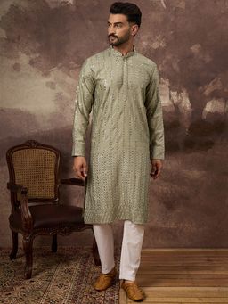 ETHNIC BAY - Men Silk Blend Solid Embroidered Straight Green Kurta