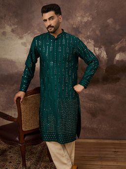 ETHNIC BAY - Men Silk Blend Solid Embroidered Straight Teal Kurta