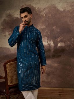 ETHNIC BAY - Men Silk Blend Solid Embroidered Straight Blue Kurta