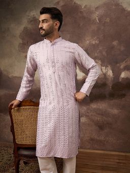 ETHNIC BAY - Men Silk Blend Solid Embroidered Straight Lavender Kurta