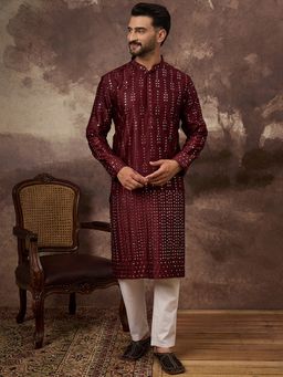ETHNIC BAY - Men Silk Blend Solid Embroidered Straight Maroon Kurta