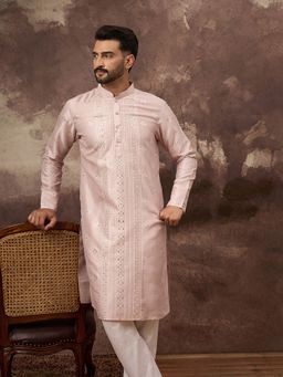 ETHNIC BAY - Men Silk Blend Solid Embroidered Straight Pink Kurta