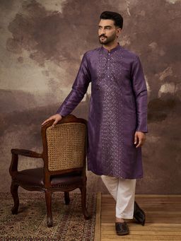 ETHNIC BAY - Men Silk Blend Solid Embroidered Straight Purple Kurta