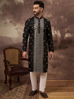 ETHNIC BAY - Men Silk Blend Solid Embroidered Straight Black Kurta