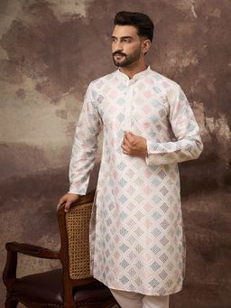 ETHNIC BAY - Men Silk Blend Solid Embroidered Straight White Kurta