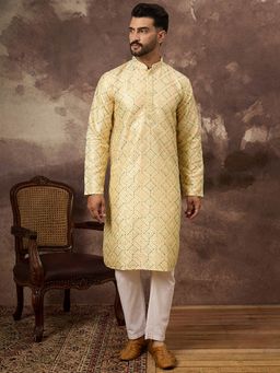 ETHNIC BAY - Men Silk Blend Solid Embroidered Straight Yellow Kurta