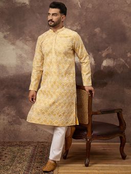 ETHNIC BAY - Men Viscose Rayon Solid Embroidered Straight Yellow Kurta