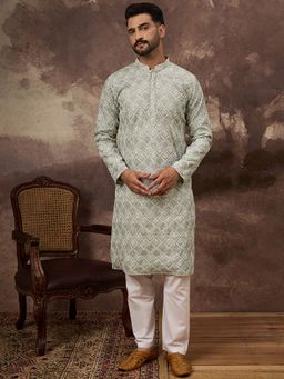 ETHNIC BAY - Men Viscose Rayon Solid Embroidered Straight Green Kurta