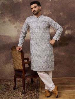 ETHNIC BAY - Men Viscose Rayon Solid Embroidered Straight Lavender Kurta
