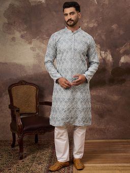 ETHNIC BAY - Men Viscose Rayon Solid Embroidered Straight Blue Kurta